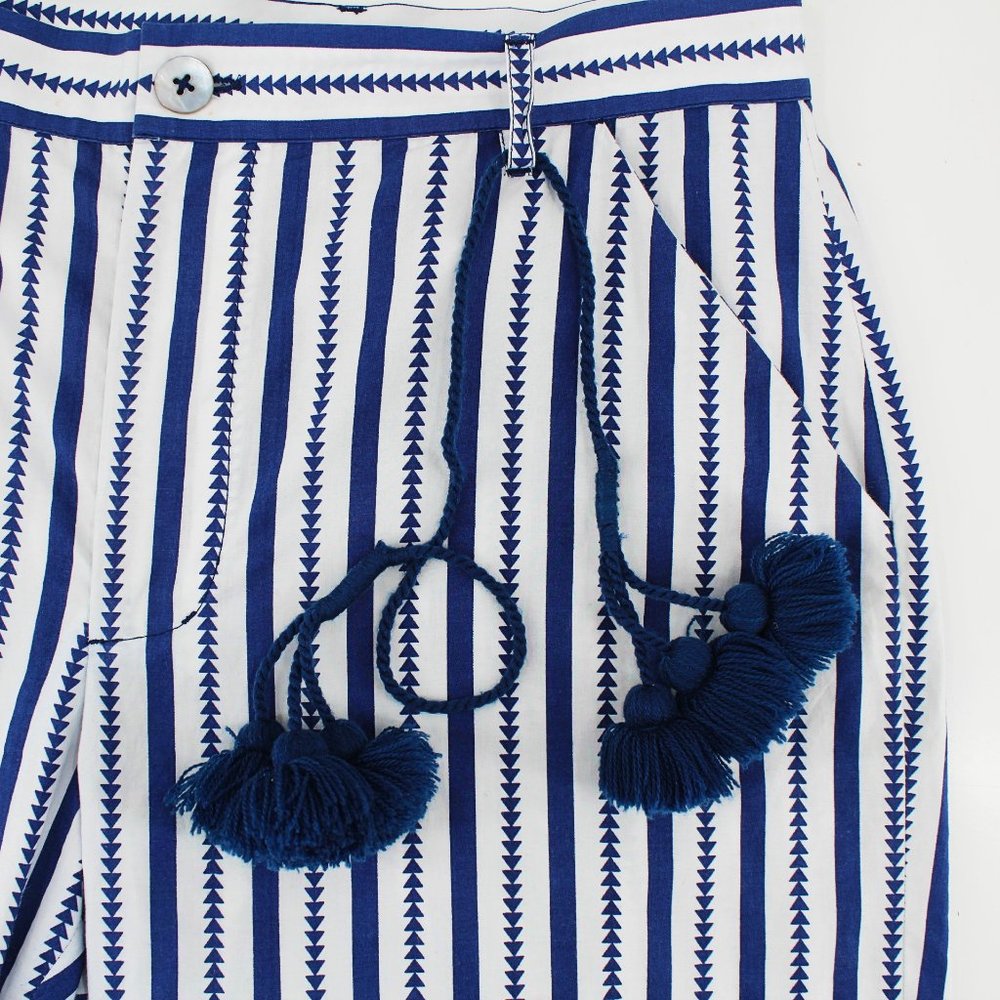 FIGUE Zuri Pants Blue White  Striped Cotton Tassel Mid-rise Casual Pockets SZ 8 - Picture 3 of 11